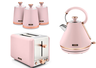 Tower Cavaletto Matching Set3Kw 1.7L Pyramid Kettle850W 2-Slice Toaster & 3 CanistersMarshmallow Pink And Rose Gold from B&Q
