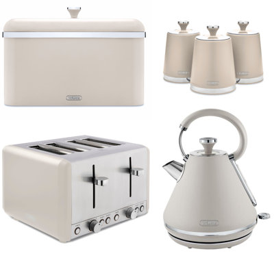 Tower Cavaletto Matching Kitchen Set1.7L Pyramid Kettle4-Slice ToasterBread Bin & 3 Canisters In Latte With Chrome Accents from B&Q