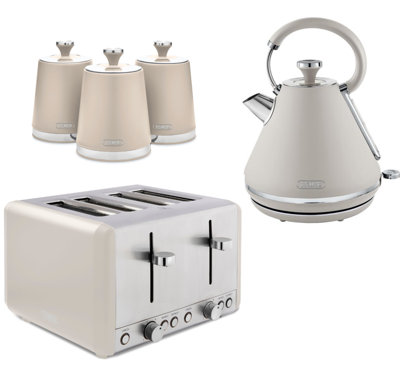 Tower Cavaletto Matching Kitchen Set1.7L 3Kw Pyramid Kettle4-Slice Toaster & 3 Canisters In Latte With Chrome Accents from B&Q