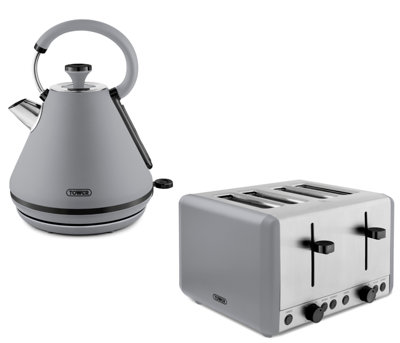 Tower Sera 3Kw Pyramid Kettle 1.7L And 1800W 4-Slice Toaster Matching Set In Matte Grey With Black Trim