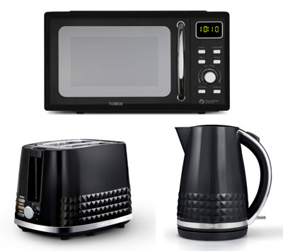 B&Q -  Solitaire 3Kw 1.5L Kettle2-Slice Toaster & 800W 20L Digital Microwave SetBlack With Chrome Accents