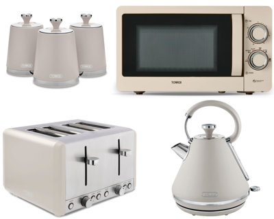 Tower Cavaletto Latte 1.7L 3Kw Pyramid Kettle4-Slice 1800W Toaster800W 20L Microwave & CanistersMatching Kitchen Set from B&Q