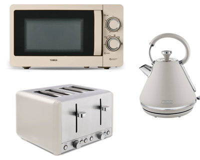 Tower Cavaletto Latte Matching Set1.7L 3Kw Pyramid Kettle4-Slice 1800W Toaster & 800W 20L Microwave. from B&Q