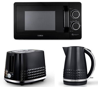 B&Q -  Solitaire Black 1.5L 3Kw Kettle2-Slice Toaster & T24042Blk 800W 20L Microwave Matching Set