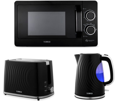 Tower Sonar Black 1.7L 3Kw Kettle2-Slice Toaster & T240242Blk 800W 20L Microwave Set from B&Q