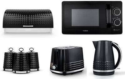 B&Q -  Solitaire Black 1.5L 3Kw Kettle2-Slice Toaster & 800W 20L Microwave Set T24042BlkBread Bin And Canisters