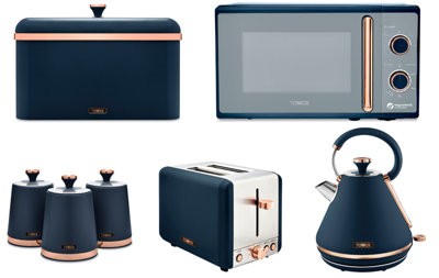 Tower Cavaletto Midnight Blue & Rose Gold 7-Piece Kitchen SetKettleToasterMicrowave & Storage from B&Q
