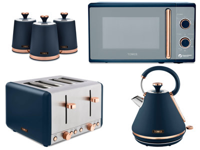 Tower Cavaletto Midnight Blue-Rose Gold KettleToasterMicrowave & Canisters Set from B&Q