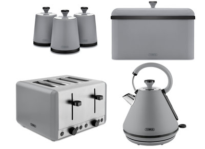 Tower Sera Grey 6-Piece Kitchen Set1.7L 3Kw Pyramid Kettle4-Slice ToasterBreadbin And 3 Canisters from B&Q