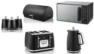 Swan Serenity Black 7-Piece Kitchen Set1.7L 3Kw Kettle4-Slice Toaster20L 800W Microwave Sm4421BlkBread Bin & Canisters from B&Q