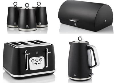 Swan Serenity Black 1.7L 3Kw Kettle4-Slice ToasterBread Bin & CanistersMatching Kitchen Set Of 6 from B&Q