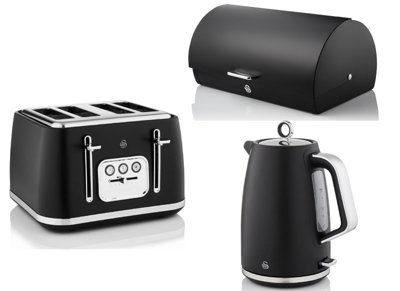 Swan Serenity Black 1.7L 3Kw Kettle4-Slice Toaster & 14L Bread BinMatching Matt Black With Chrome Trim from B&Q