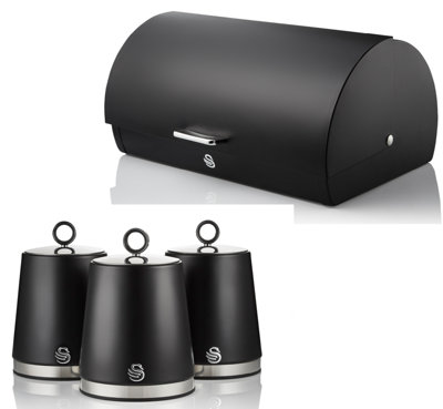Swan Serenity Black 14L Roll-Top Bread Bin And 3 X 1.3L Tea Coffee Sugar Canisters Kitchen Storage Set from B&Q