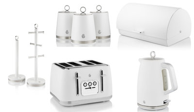 Swan Serenity White 1.7L 3Kw Kettle4-Slice Toaster & Matching Kitchen Accessories Set Of 8 from B&Q