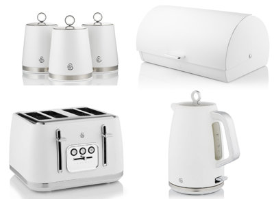 Swan Serenity White 1.7L 3Kw Kettle4-Slice ToasterBread Bin & CanistersMatching 6-Piece Kitchen Set from B&Q
