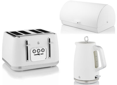 Swan Serenity White Matching Kitchen Set1.7L 3Kw Kettle4-Slice Toaster And Bread Bin In White Matte Finish from B&Q
