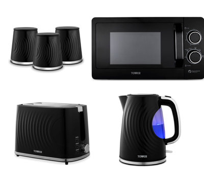 Stylish Tower Sonar 6-Piece Kitchen Set In Black With KettleToasterMicrowaveAnd Canisters from B&Q