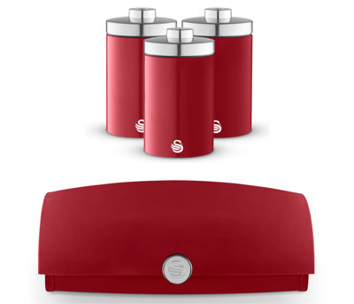 Swan Townhouse Red 14L Roll-Top Bread Bin With 3 X 1.6L TeaCoffeeSugar Canisters Kitchen Storage Set from B&Q