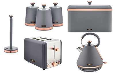 Tower Cavaletto 7-Piece Kitchen SetMatte Grey With Rose GoldKettleToasterBread Bin And Canisters from B&Q