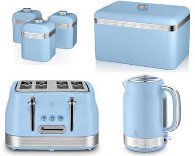 Swan Retro Revive Blue 6-Piece Set1.7L 3Kw Jug Kettle4-Slice ToasterBreadbin & 3 Canisters. from B&Q