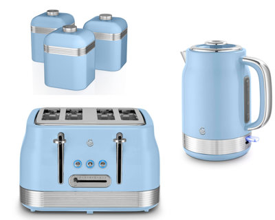 Swan Retro Revive Blue 1.7L 3Kw Jug Kettle4-Slice Toaster And 3 Canisters 5-Piece Kitchen Set from B&Q