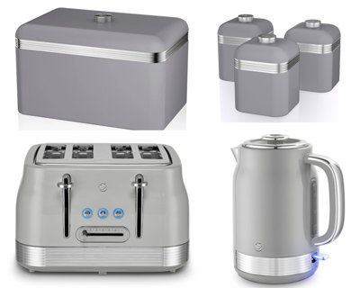 Swan Retro Revive Grey 6-Piece Kitchen Set1.7L 3Kw Jug Kettle4-Slice ToasterBreadbin & 3 Canisters from B&Q