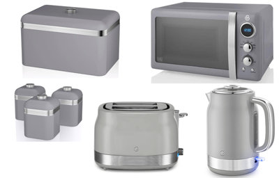 B&Q -  Retro Grey 7-Piece Kitchen Set1.7L Kettle2-Slice Toaster800W MicrowaveBreadbin & 3 Canisters