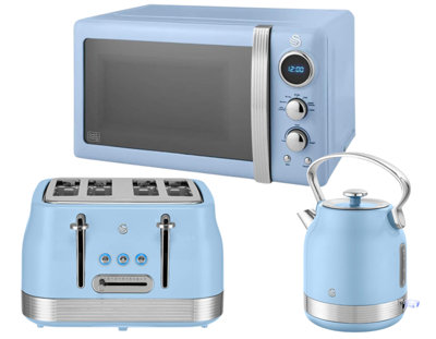Swan Retro Revive Blue 3-Piece Kitchen Set1.7L 3Kw Kettle4-Slice Toaster & 20L 800W Microwave from B&Q