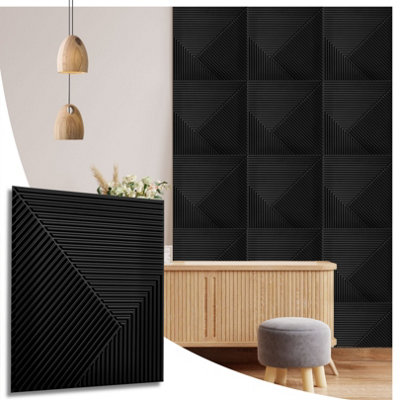 Novecrafto Decorative 3D Wall Panels (50X50Cm) Pack Of 6 Sheets Cover 16.15Ft² (1.5M²) Interior Cladding Panels Chevron Line In Matte Black from B&Q