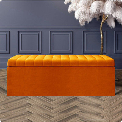 B&Q Safar 4Ft Ottoman Storage Box - Burnt Plush Velvet Orange