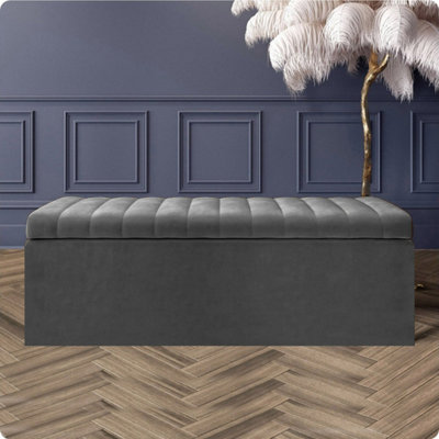  - Safar 4Ft Ottoman Storage BoxDark Grey Steel Plush Velvet