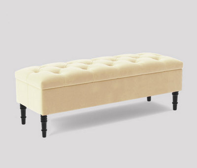 Alyana Ottoman Bench With Storage And Turned Wooden Legs150Cm Wide Ottoman BoxCream Plush Velvet from B&Q