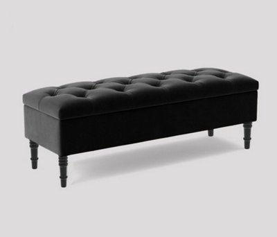 Alyana Ottoman Bench With Storage And Turned Wooden Legs150Cm Wide Ottoman BoxBlack Plush Velvet from B&Q
