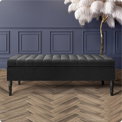  - Safar 120Cm Ottoman Storage BenchPlush Velvet Shoe BenchBlack Lined Upholstery Storage Footstool