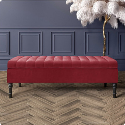  - Safar 137Cm Ottoman Storage BenchPlush Velvet Shoe BenchRed Lined Upholstery Storage Footstool