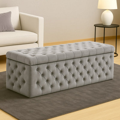  - 150Cm Wide Lux Ottoman Storage BoxSilver Velvet Upholstered Chesterfield Storage Ottoman Box