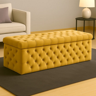  - 180Cm Wide Lux Ottoman Storage BoxMustard Gold Velvet Upholstered Chesterfield Storage Ottoman Box