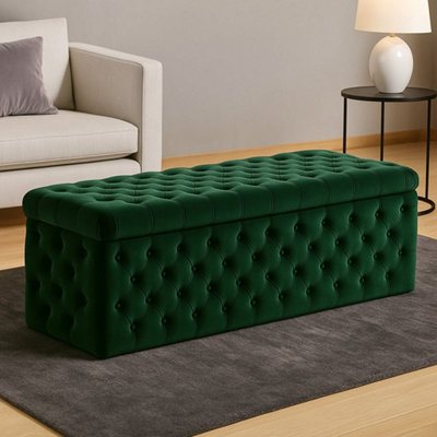  - 180Cm Wide Lux Ottoman Storage BoxForest Green Velvet Upholstered Chesterfield Storage Ottoman Box