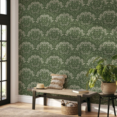 World Of Wallpaper Green Botanical Damask Wallpaper Af0030 32.9Ft B&Q