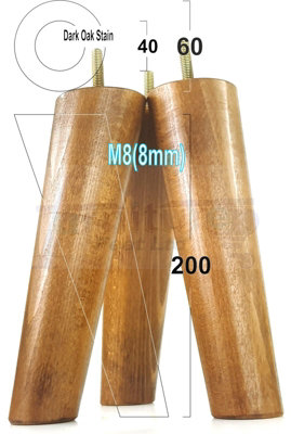 L&F 4 Wood Turned Furniture Legs Replacement Mid Century Angled Retro Feet 200mm High M8 Dark Oak Stain from B&Q