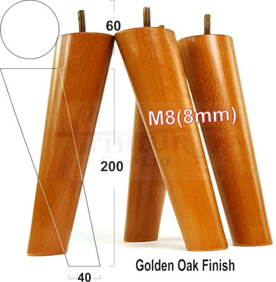 L&F 4 Wood Turned Furniture Legs Replacement Mid Century Angled Retro Feet 200mm High M8 Golden Oak from B&Q