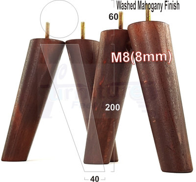 L&F 4 Wood Turned Furniture Legs Replacement Mid Century Angled Retro Feet 200mm High M8 Mahogany Washed from B&Q