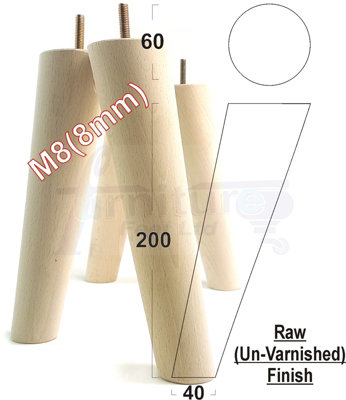 L&F 4 Wood Turned Furniture Legs Replacement Mid Century Angled Retro Feet 200mm High M8 Raw from B&Q