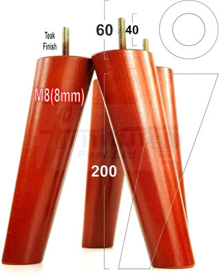 L&F 4 Solid Wood Turned Furniture Legs Replacement Mid Century Angled Retro Feet 200mm High M8 Teak from B&Q