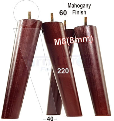 L&F 4 Solid Wood Turned Furniture Legs Replacement Mid Century Angled Retro Feet 220mm High M8 Mahogany from B&Q