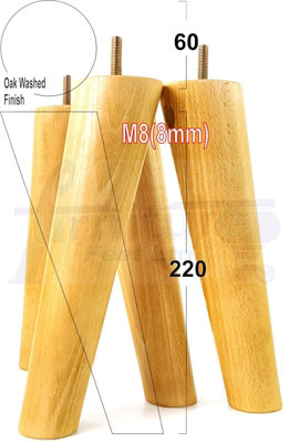 L&F 4 Solid Wood Turned Furniture Legs Replacement Mid Century Angled Retro Feet 220mm High M8 Oak Washed from B&Q