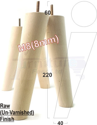 L&F 4 Solid Wood Turned Furniture Legs Replacement Mid Century Angled Retro Feet 220mm High M8 Raw from B&Q