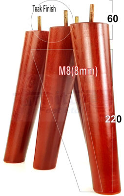 L&F 4 Solid Wood Turned Furniture Legs Replacement Mid Century Angled Retro Feet 220mm High M8 Teak from B&Q