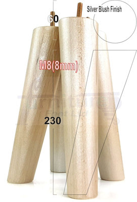 L&F 4 Solid Wood Turned Furniture Legs Replacement Mid Century Angled Retro Feet 230mm High M8 Blush Silver from B&Q