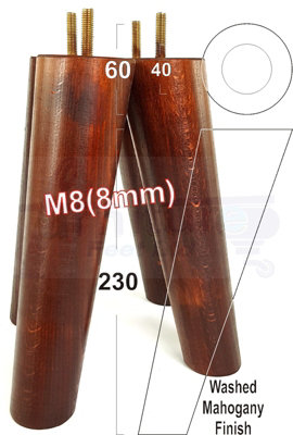 L&F 4 Solid Wood Turned Furniture Legs Replacement Mid Century Angled Retro Feet 230mm High M8 Mahogany Washed from B&Q